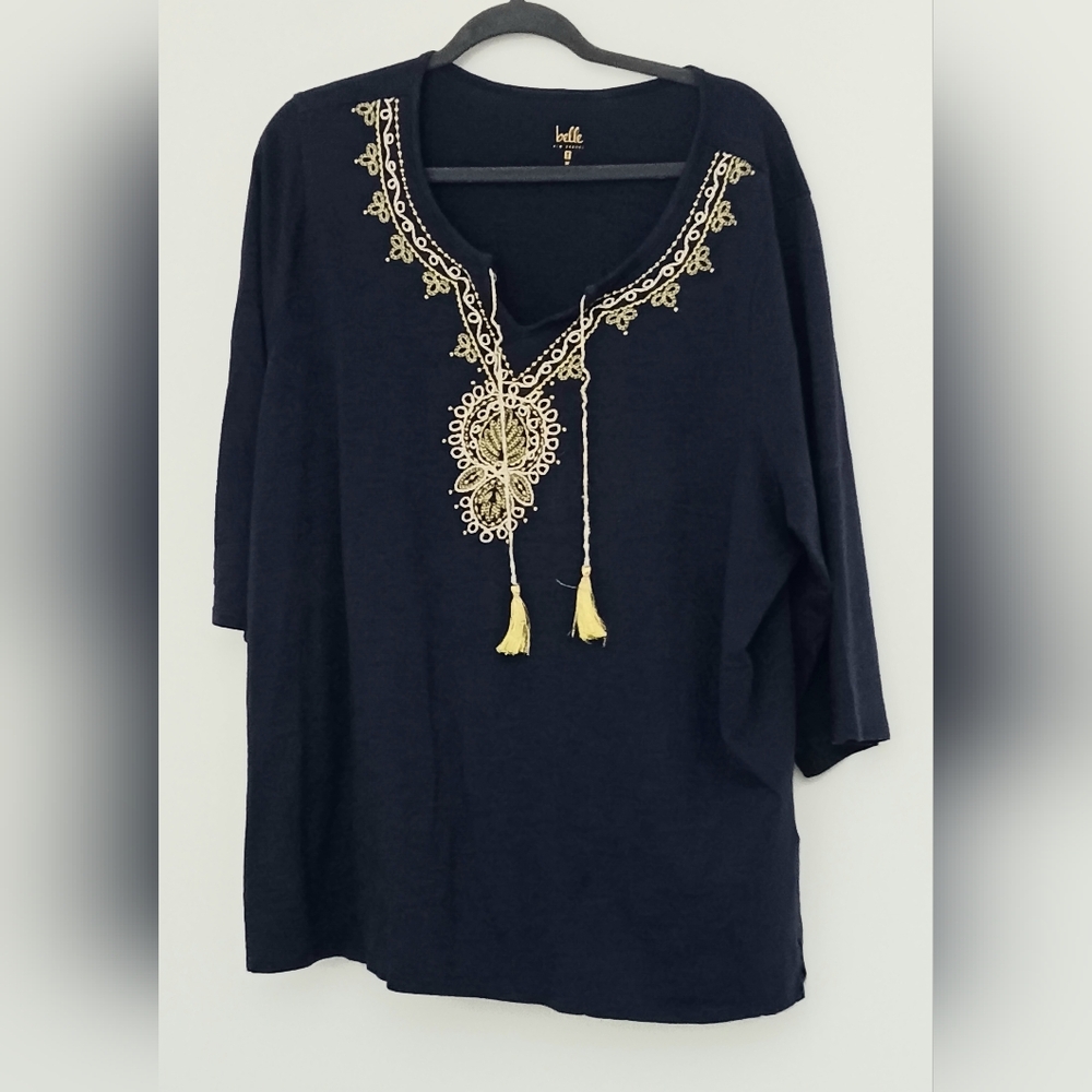 Belle By Kim Gravel Top Women's 3X Slub Knit Gold Embroidered Navy Tassels Ties